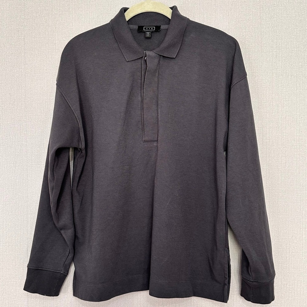 AYR Long Sleeve Polo Shirt Charcoal Grey Pima Cotton Modal Mens Size Small